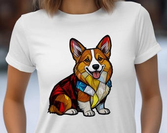 Geometric Corgi T-Shirt, Stained Glass Dog Art Tee, Low Poly Puppy Top