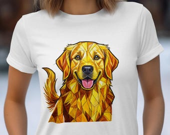 Golden Retriever Stained Glass T-Shirt, Geometric Dog Art Tee, Vibrant Canine Apparel