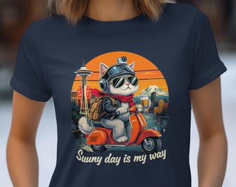 Cat T-Shirt, Seattle Skyline Scooter Ride, Retro Animal Lover Tee