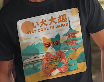 Japanese Cat T-Shirt, Stay Cool in Japan Tee, Funny Cat Graphic Shirt, Cute Cat in Kimono Design, Unique Japan Travel Gift