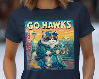 Go Hawks Cat Scooter T-Shirt, Seattle PNW Coffee Design