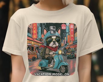 Funny Dog Riding Scooter T-Shirt: Vacation Mode Graphic Tee