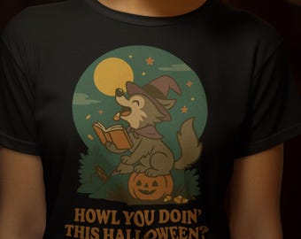 Halloween Wolf T-Shirt | Howl You Doin' This Halloween? | Unisex Softstyle Tee, Cute Halloween Shirt, Wolf T-Shirt, Fall Apparel, [...]