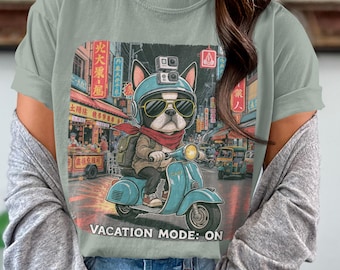 Funny Dog Riding Scooter T-Shirt: Vacation Mode Graphic Tee