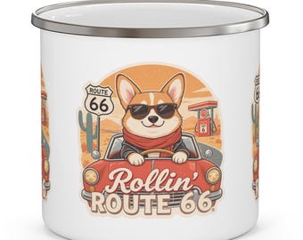 Retro Corgi Route 66 Enamel Camping Mug