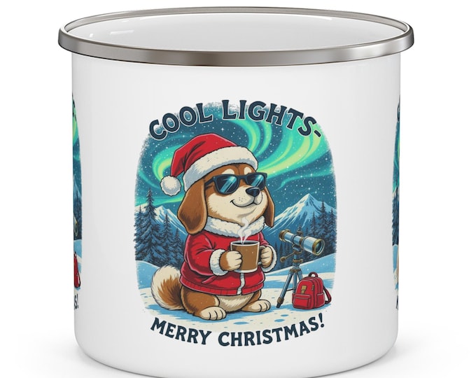 Featured listing image: Christmas Dog Enamel Camping Mug - Holiday Outdoor Gift