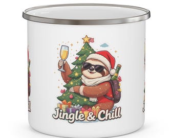 Festive Sloth Enamel Camping Mug, Holiday Drinkware