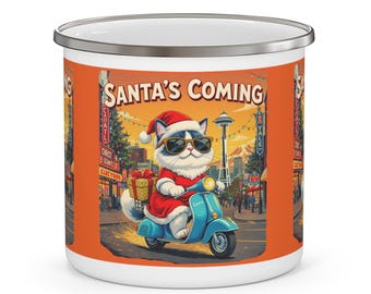 Whimsical Santa Cat Enamel Camping Mug: Fun Christmas Gift