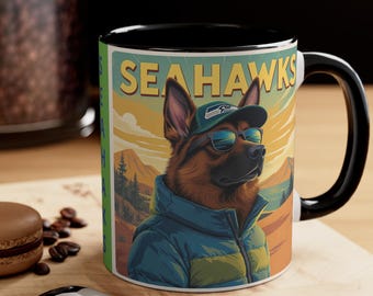 Seattle Seahawks Ceramic Mug, Dog Art, Football Fan Gift