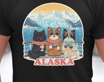 Adventure Awaits in Alaska Graphic T-Shirt, Cute Dogs T-Shirt, Alaska Adventure Dog Lovers Tee, Vacation Travel T-Shirt, Scenic Alaska Tee
