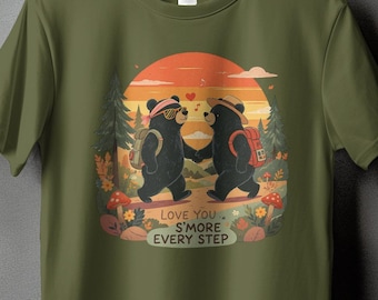 Cute Bear Couple Camping Adventure T-Shirt, Romantic Hiking Bears Smores Graphic Tee, Love You More Every Step Outdoors Shirt