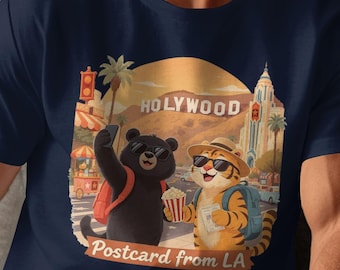 Cute Bear and Tiger Hollywood Selfie T-Shirt, LA Postcard Style Graphic Tee, Fun Cartoon Animal Shirt, Retro California Souvenir