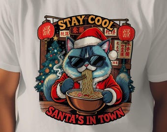 Funny Christmas T-Shirt: Santa Cat Eating Ramen Holiday Tee