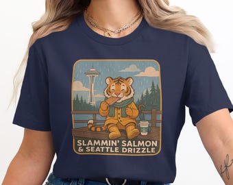 Slammin Salmon Cute Tiger Eating Salmon T Shirt, Seattle Drizzle Graphic Tee, Rainy Day Illustrated Shirt, Quirky PNW Souvenir