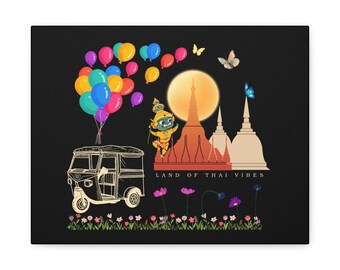 Thailand Canvas Wall Art: Tuk Tuk, Temple Sunset & Balloons