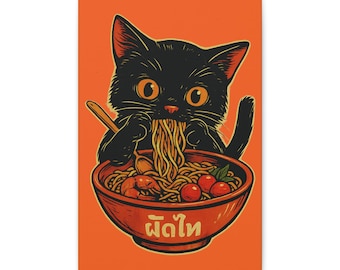 Whimsical Noodle Cat Canvas Print, Playful Kitchen Wall Art