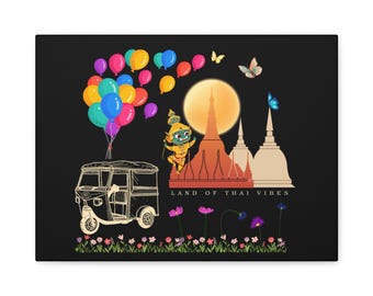 Thailand Canvas Wall Art-colorful Tuk Tuk, Temple Sunset & Balloons, Land Of Thai Vibes Home Decor
