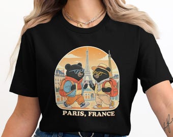Cute Bear Couple in Paris T-Shirt, Travel Lovers Gift Shirt, Paris France Souvenir Tee, Cute Cartoon Bear Couple