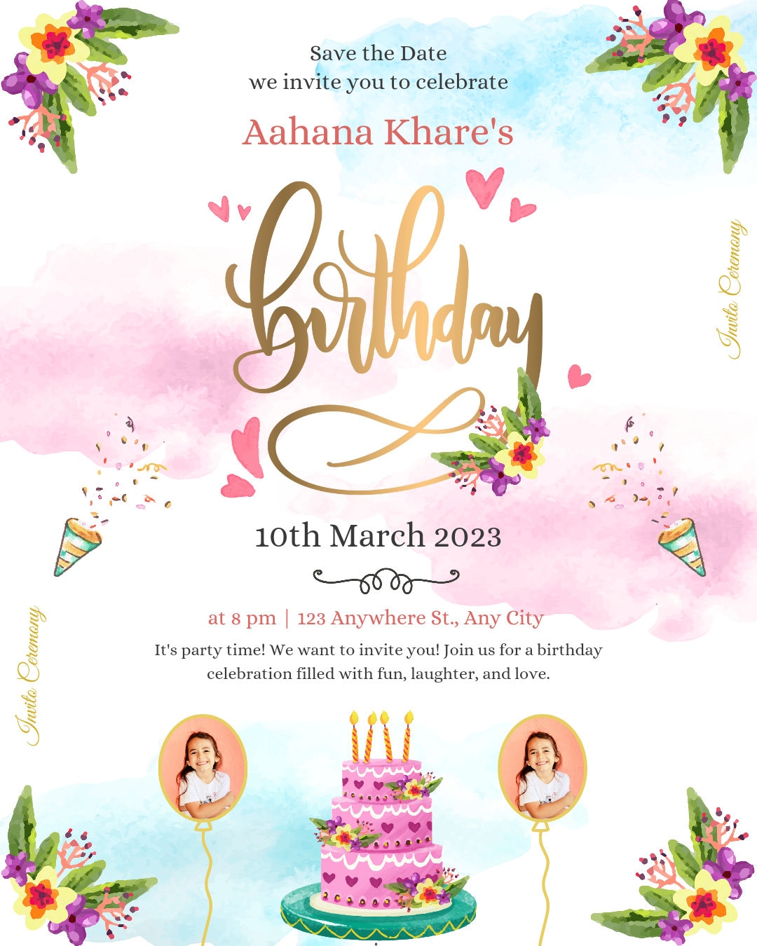 Birthday Digital Invitation Card, Digital Download, Digital Print, Made