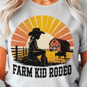 Farm Kid Rodeo Png, Sublimationsdesign, Landmädchen Png, Western Scheune Png, Retro Sonnenuntergang Png, T-Shirt Design, rustikales Cowgirl Png, digital