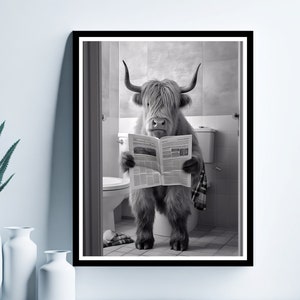 Highland Cow Reading Newspaper on the Toilet, Funny Bathroom Wall Decor, Funny Animal Print, Highland Cow in Toilet, Animal in toilet