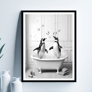 Cute Penguins in Tub Printable Wall Art, Bathroom wall Decor, Bathroom kids art, Cute Animal art, Funny Bathroom Wall Decor, Penguins Art