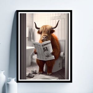 Highland Cow Reading Newspaper on the Toilet, Funny Bathroom Wall Decor, Funny Animal Print, Highland Cow in Toilet, Animal in toilet