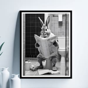 Rabbit Reading Newspaper on the Toilet, Funny Bathroom Wall Decor, Funny Animal Print, Rabbit in Toilet, Animal in toilet, Black and White