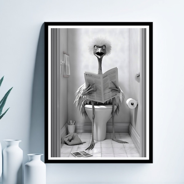 Ostrich Reading Newspaper on the Toilet, Funny Bathroom Wall Decor, Funny Animal Print, Ostrich in Toilet, Printable Digital Download,