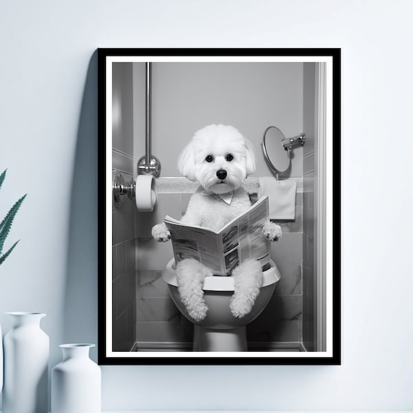 Bichon Frise Wall Art, Funny Bathroom Print, Toilet Poster, Bathroom Art, Bichon Frise Printable, Whimsy Animal Art, Digital Download