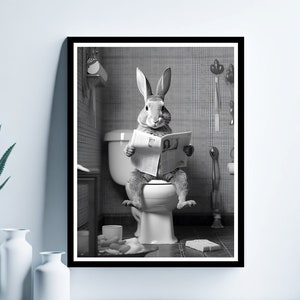 Rabbit Reading Newspaper on the Toilet, Funny Bathroom Wall Decor, Funny Animal Print, Rabbit in Toilet, Animal in toilet, Digital Download