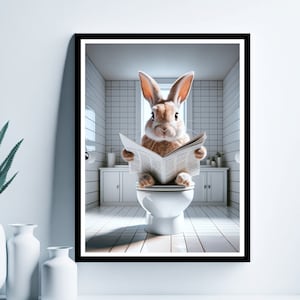 Rabbit Wall Art, Funny Bathroom Print, Toilet Poster, Rabbit in Toilet, Bathroom Art, Rabbit Printable, Whimsy Animal Art, Digital Download