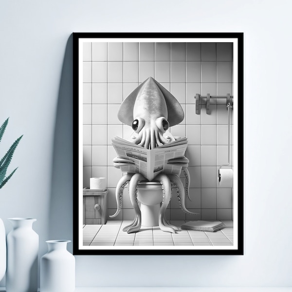 Squid Wall Art, Funny Bathroom Print, Toilet Poster, Squid in Toilet, Bathroom Art, Squid Printable, Whimsy Animal Art, Digital Download