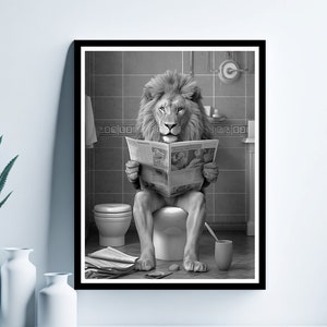 Lion Reading Newspaper on the Toilet, Funny Bathroom Wall Decor, Black and White Animal Print, Lion in Toilet, Animal in toilet, Digital Art