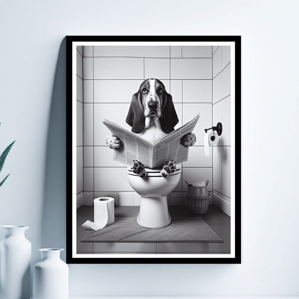 Basset Hound Reading Newspaper on the Toilet, Basset Hound Art, Funny Bathroom Wall Decor, Dog in Toilet, Animal in toilet, Digital Download