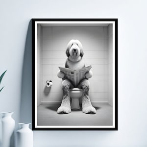 Old English Sheepdog Wall Art, Funny Bathroom Print, Toilet Poster, Bathroom Art, Old English Sheepdog Printable, Whimsy Animal Art