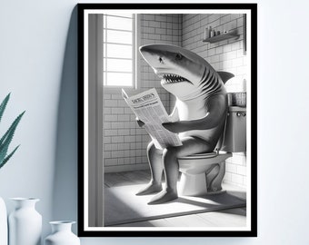 Shark Wall Art, Funny Bathroom Print, Toilet Poster, Shark in Toilet, Bathroom Art, Shark Printable, Whimsy Animal Art, Digital Download