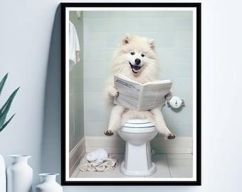 American Eskimo Dog Wall Art, Funny Bathroom Print, Toilet Poster, American Eskimo Dog in Toilet, Bathroom Art, Digital Download, Eskimo Art