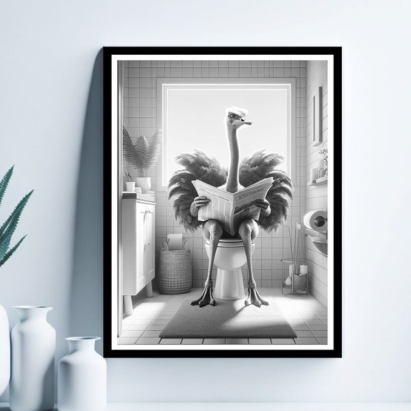 Ostrich Wall Art, Funny Bathroom Print, Toilet Poster, Ostrich in Toilet, Ostrich Printable, Whimsy Animal Art, Digital Download