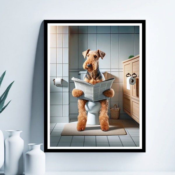 Art mural Airedale Terrier, impression drôle de salle de bain, affiche de toilette, Terrier dans les toilettes, art de la salle de bain, Terrier imprimable, téléchargement numérique