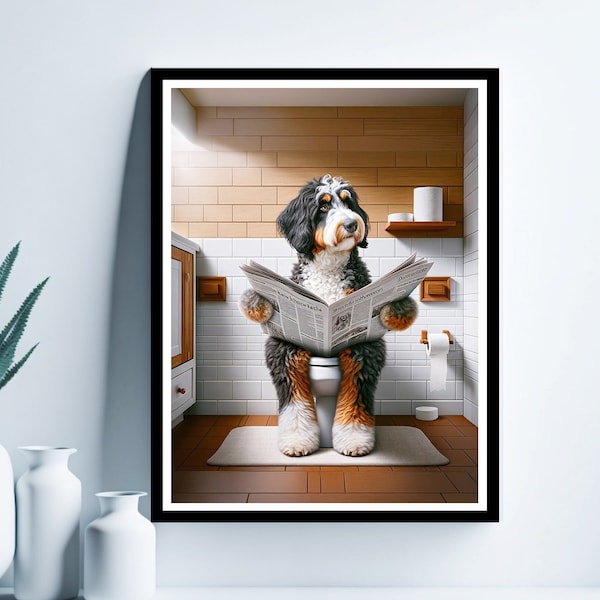 Bernedoodle Dog Wall Art, Funny Bathroom Print, Dog in Toilet, Bathroom Art, Bernedoodle Dog Printable, Whimsy Animal Art, Digital Download