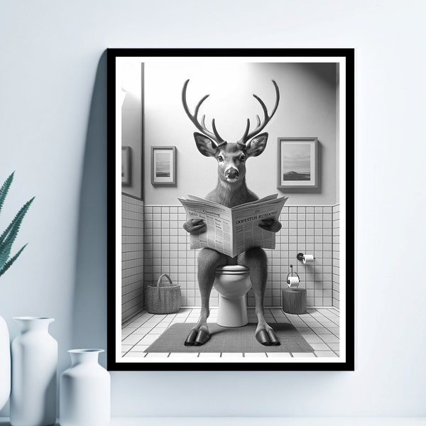 Deer Wall Art, Funny Bathroom Print, Toilet Poster, Deer in Toilet, Bathroom Art, Deer Printable, Whimsy Animal Art, Digital Download