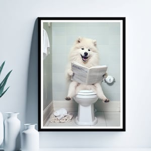American Eskimo Dog Wall Art, Funny Bathroom Print, Toilet Poster, American Eskimo Dog in Toilet, Bathroom Art, Digital Download, Eskimo Art