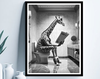 Giraffe Wall Art, Funny Bathroom Print, Toilet Poster, Giraffe in Toilet, Giraffe Printable, Whimsy Animal Art, Digital Download