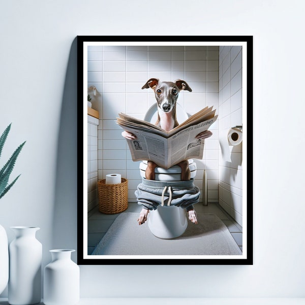 Italian Greyhound Wall Art, Funny Bathroom Print,Dog in Toilet, Bathroom Art, Dog Printable, Whimsy Animal Art, Digital Download