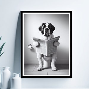 Sint-Bernardus die krant leest op het toilet, Sint-Bernarduskunst, grappige badkamermuurdecoratie, dier in toilet, digitale download