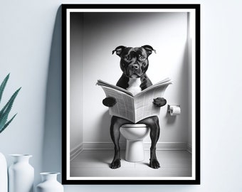 Staffordshire Bull Terrier Wall Art, Funny Bathroom Print, Staffordshire Bull Terrier in Toilet, Bathroom Art, , Digital Download