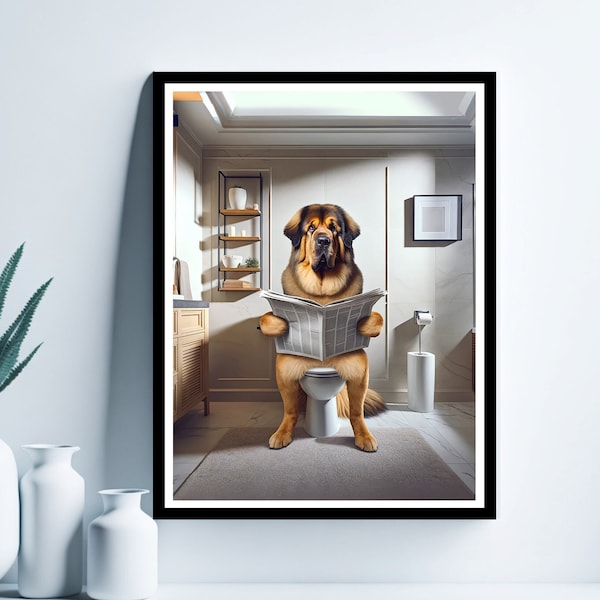 Tibetan Mastiff Wall Art, Funny Bathroom Print, Tibetan Mastiff in Toilet, Bathroom Art,Dog Printable, Whimsy Animal Art, Digital Download