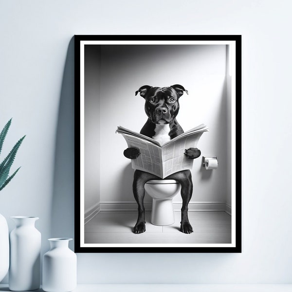 Staffordshire Bull Terrier Wall Art, Impresión divertida del baño, Staffordshire Bull Terrier en el inodoro, Arte del baño, , Descarga digital