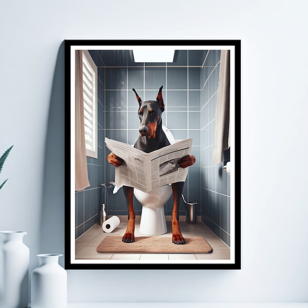 Dobermann liest Zeitung auf der Toilette, Dobermann Kunst, lustiges Badezimmer Wanddekor, Dobermann in der Toilette, Tier in der Toilette, digitaler Download